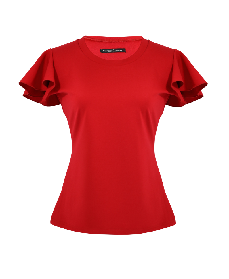 Top rosso con maniche a farfalla.