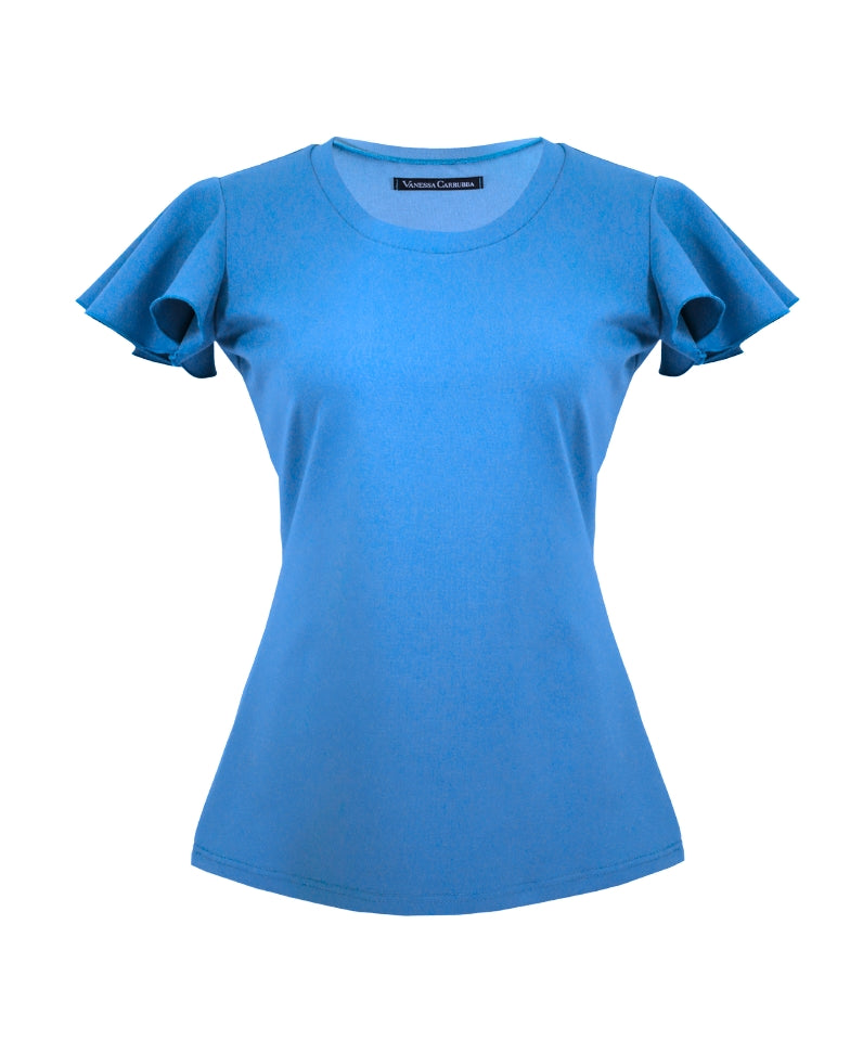 Top con maniche a farfalla, color celeste.