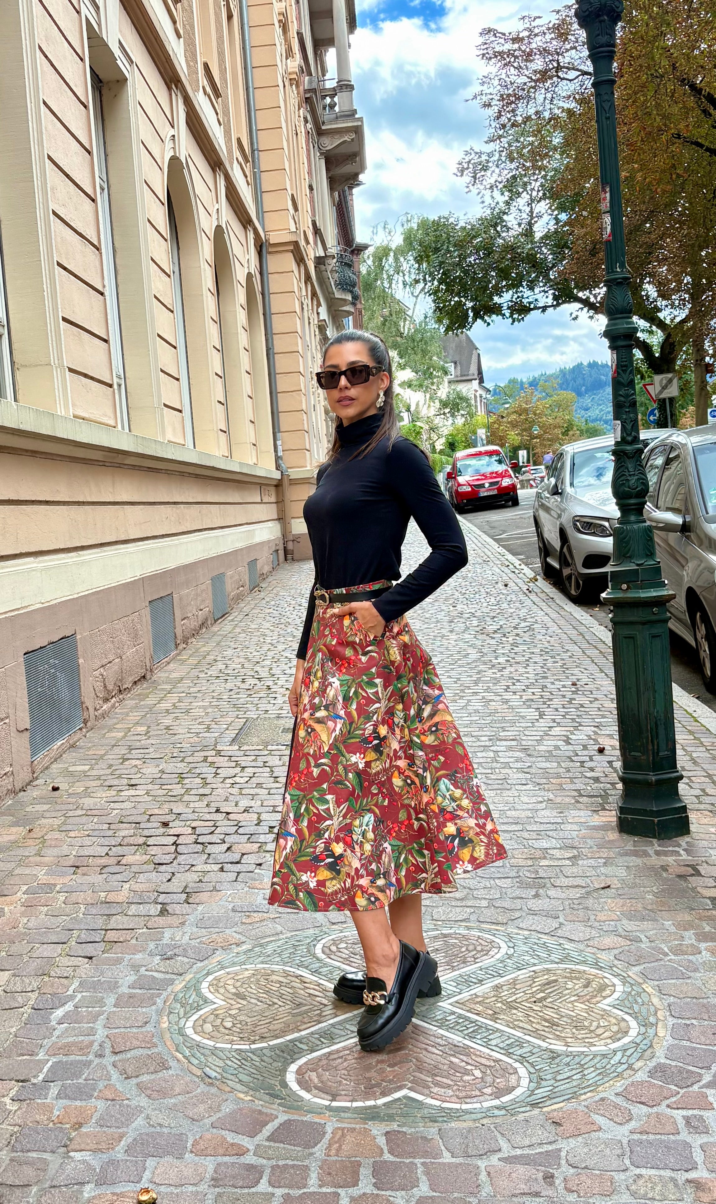 Midi skirt Birds bordeaux