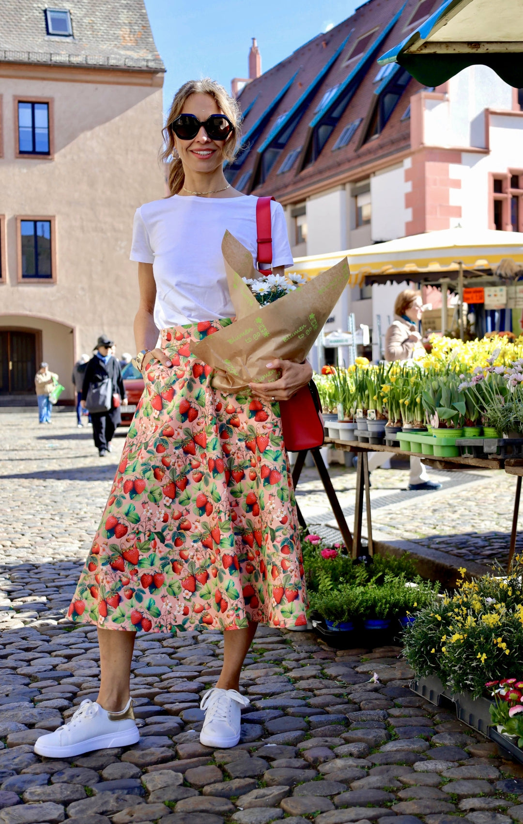 Gonna midi Fragole Rosa con tasche