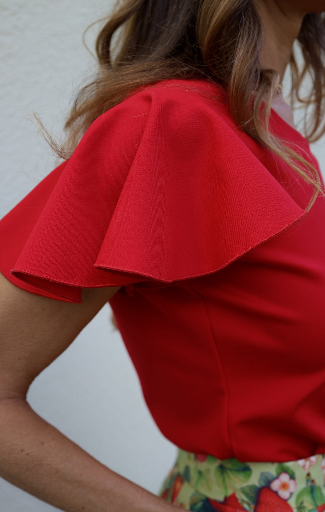 Top with flutter sleeves, red.