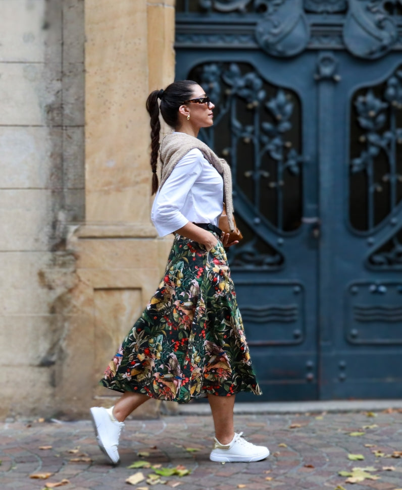 Gonna midi birds nera con tasche