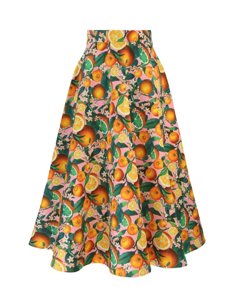 Midi skirt, lemon yellow on pink.