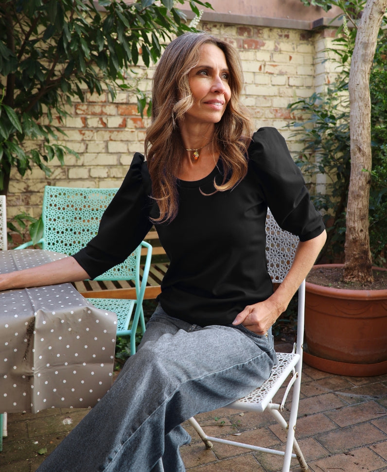 Top with 3/4 puff sleeves, black.