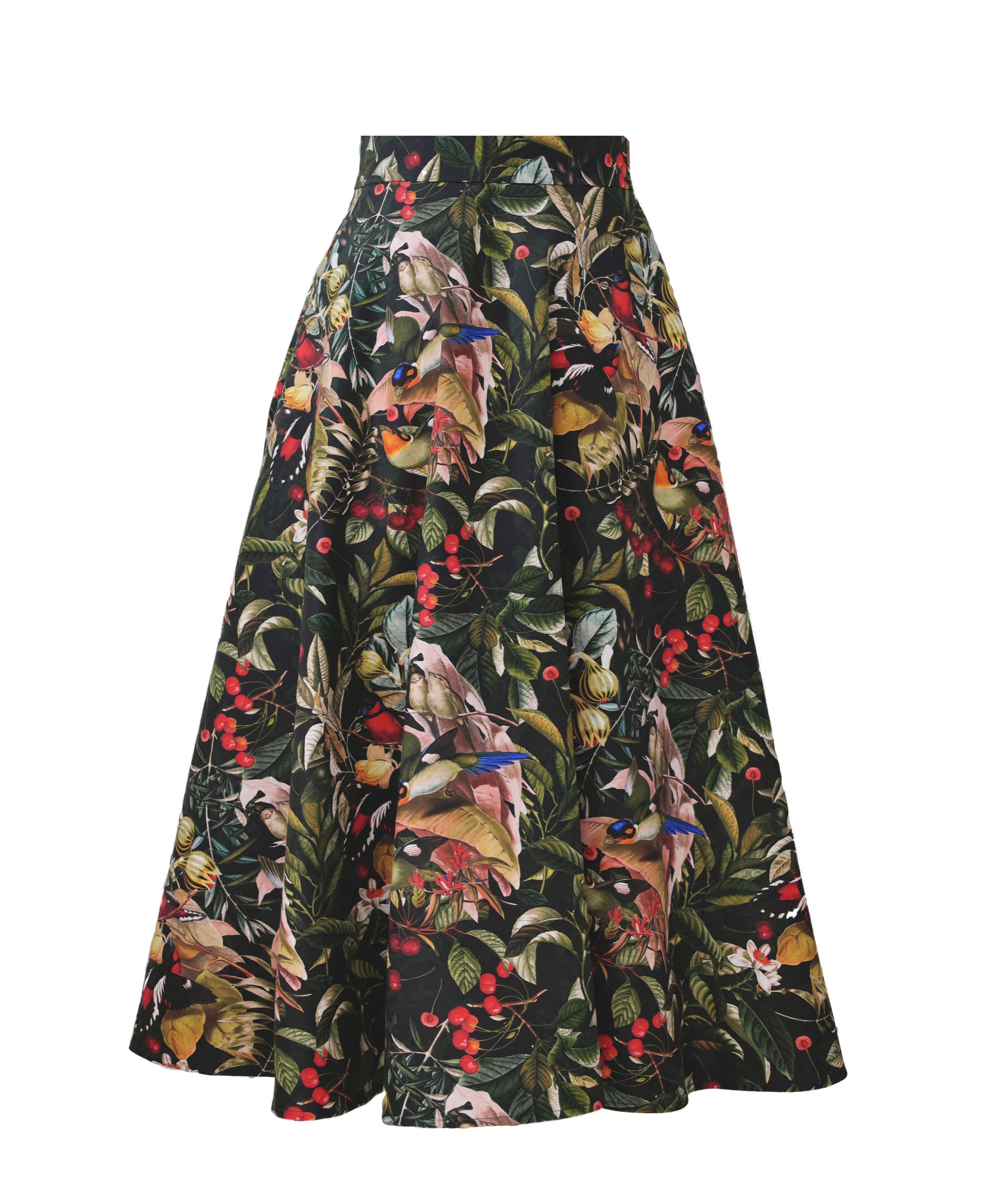 Gonna midi birds nera con tasche